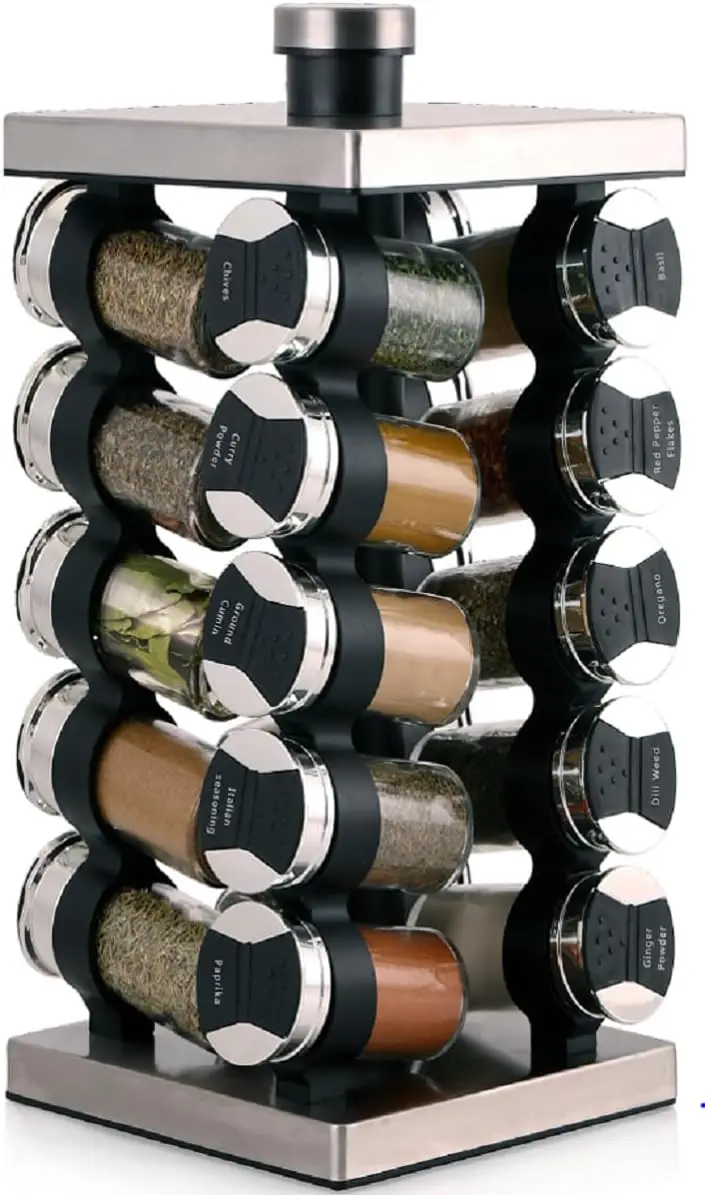 

20 Jar Spice Rack with Spices Included - Tower Organizer for Kitchen Spices and Seasonings, (Silver Black)