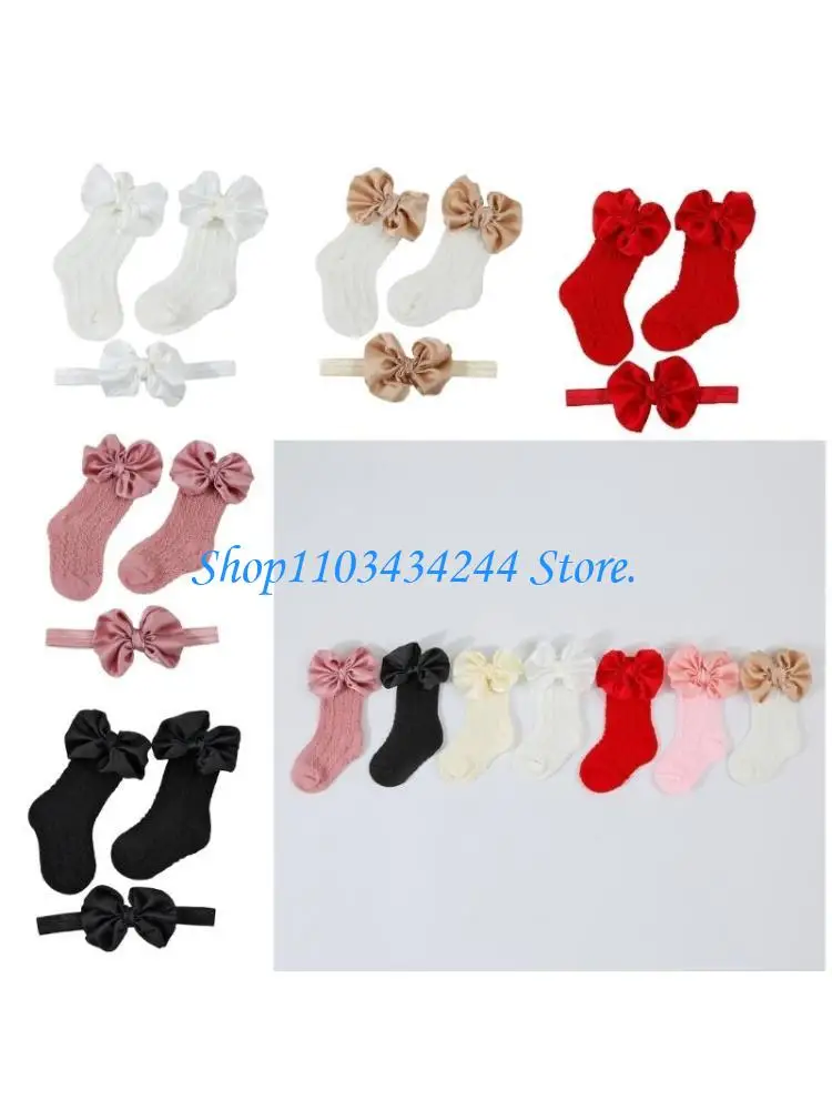  Baby Socks/Headband Girls Bowknot Floors Socks Hollow Jacquard Footwear Lovely Infants Elastic Hair Bands Headwear