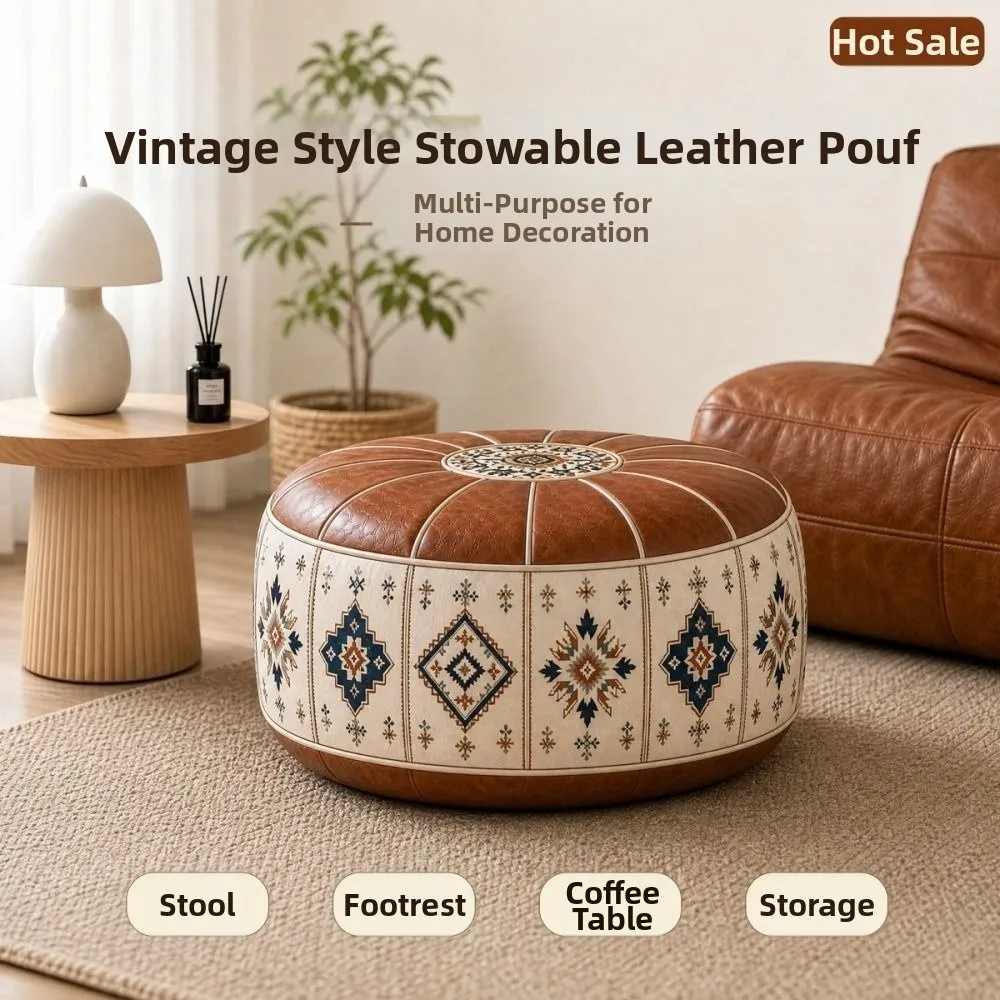 Boho Pattern Ottoman Pouf Fillable Design Large Opening Storage Ottoman PU Leather Water Resistant Floor Seat Cushion