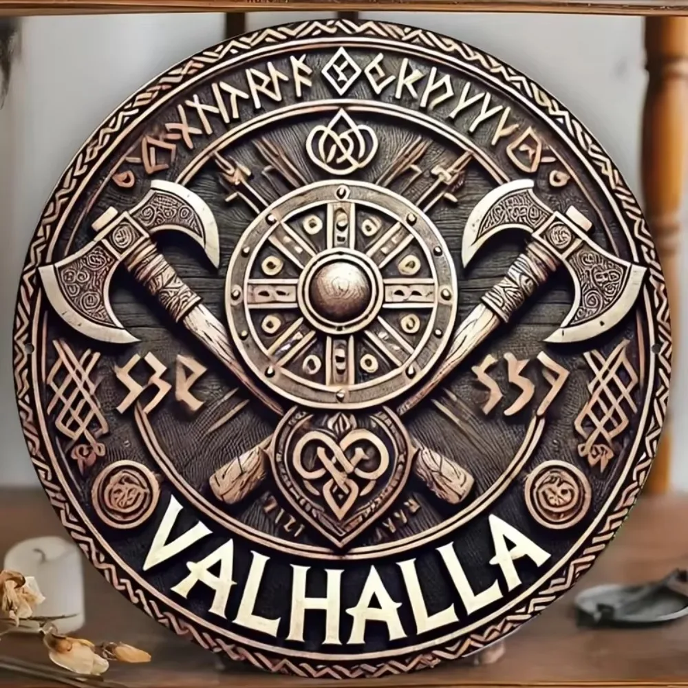 Letrero Metálico Plano 2D Vintage con Hacha Vikinga y Escudo de Runas 'VALHALLA' - Decoración de Pared con Temática de Mitología Nórdica para el Hogar, Sala de Juegos, Cueva del Hombre