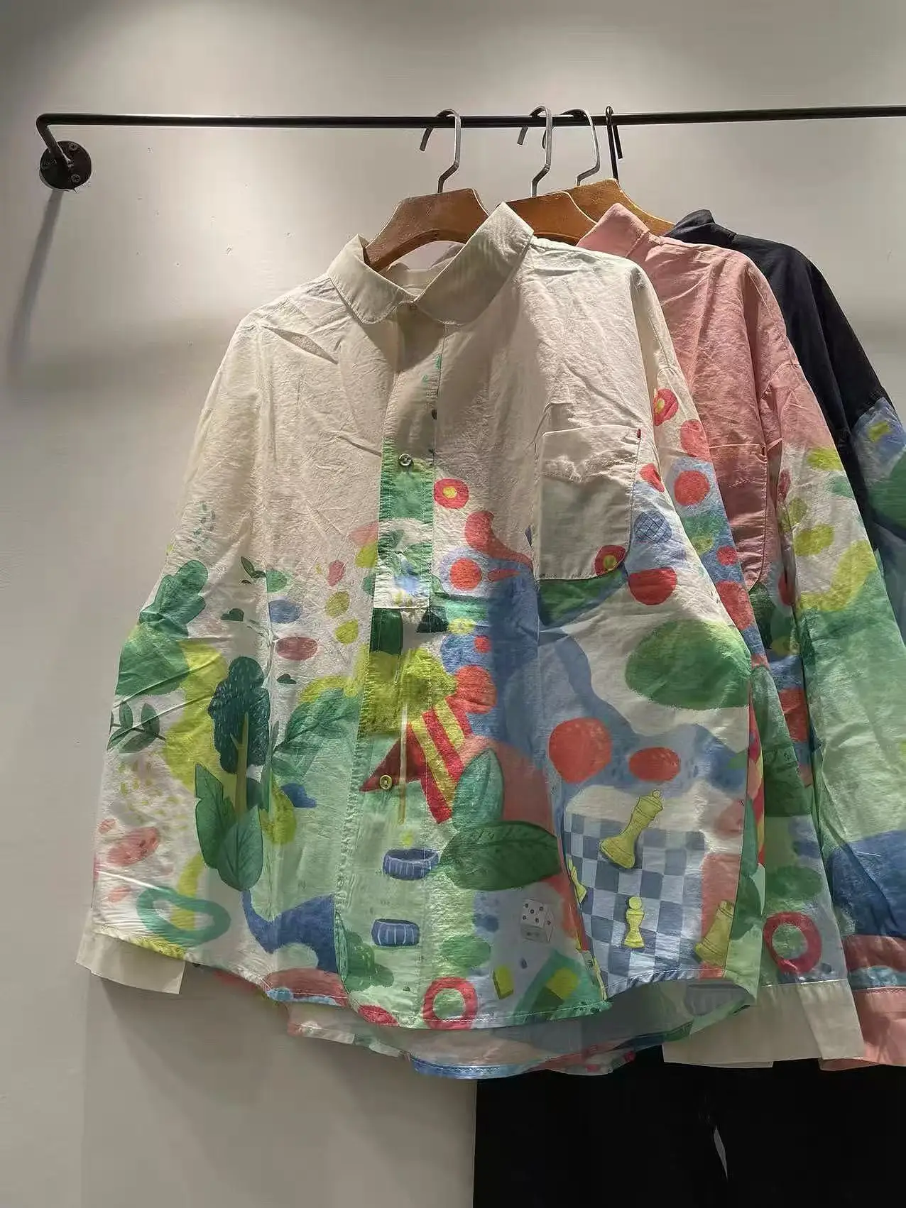 

2026 Harajuku fashion white pink navy blue cartoon print oversized shirts large size tops for women pure cotton spring clothes