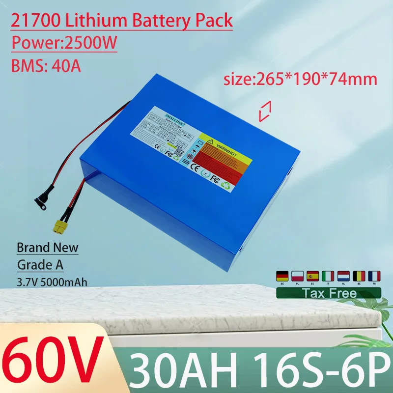 60V 30Ah 21700 16S6P Lithium Ion Battery Pack 2500W Power Tool Batteries Outdoor Backup Batteries With 40A BMS+67.2V 5A charger