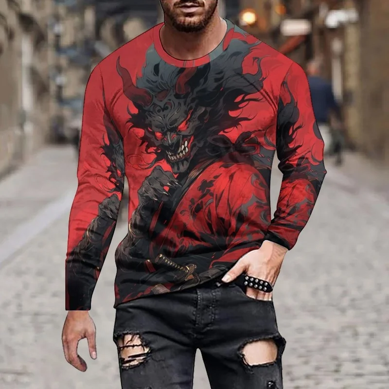

Fashion Ghost Mask Boy Pattern 3D Printed Men's T-shirt Cool Japanese Style Tops Autumn Casual Loose Round Neck Long Sleeve Tees