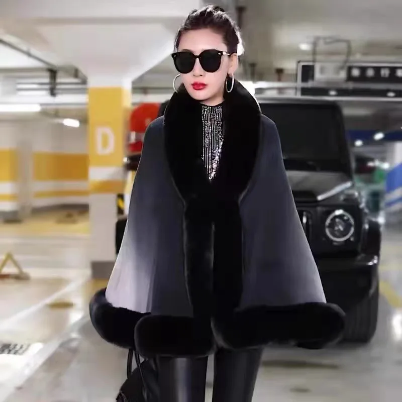 

Autumn Winter New Imitation Otter Rabbit Fur Collar Cardigan Gradient Color Cape Women Knit Poncho Lady Capes Black Cloak