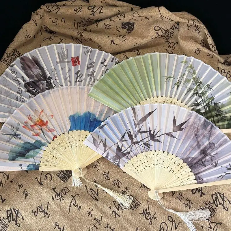 Classic Vintage Hand Folding Fan Chinese Style Bamboo Made with Tassel for Folk Dance Show Birthday Gift Home Decor