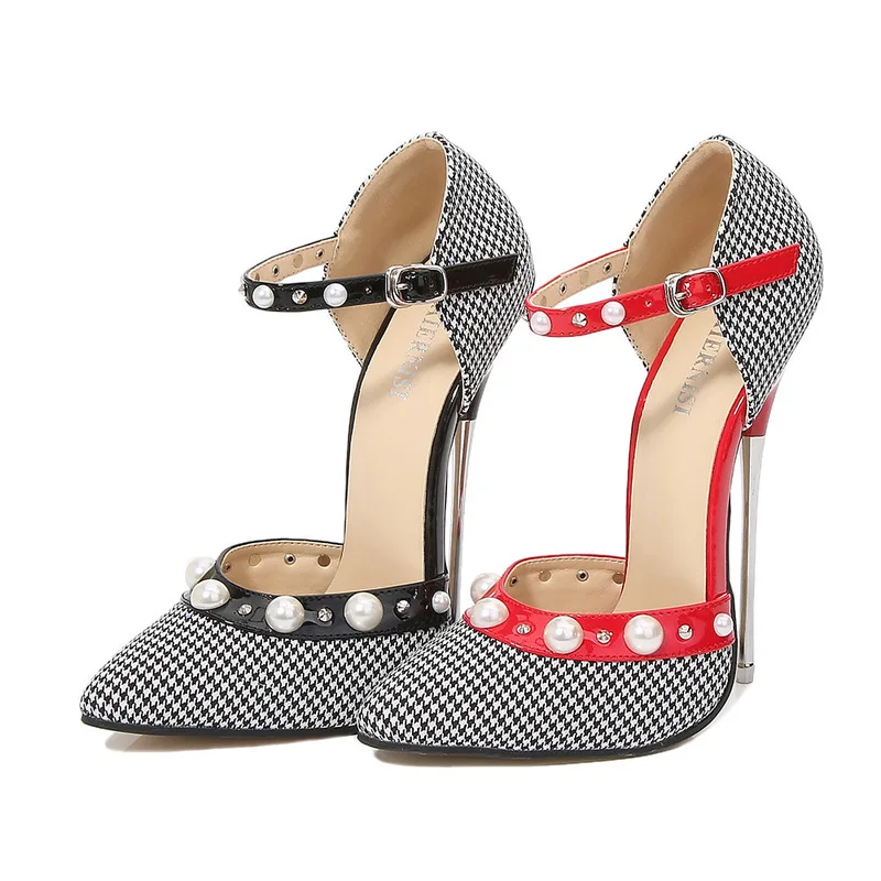 MAIERNISI 16cm High Heels Houndstooth Women Pumps Lron Heel Pearl Rivets Ankle Buckle Model Fetish High Heeled Shoes BIG 2 SIZE