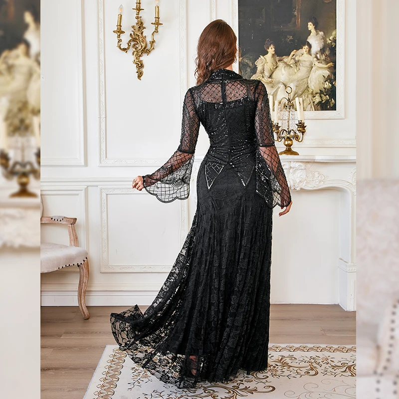 2025 New Sexy Elegant party dresses woman Black Prom Vintage great gatsby Evening dress Long Sleeve
