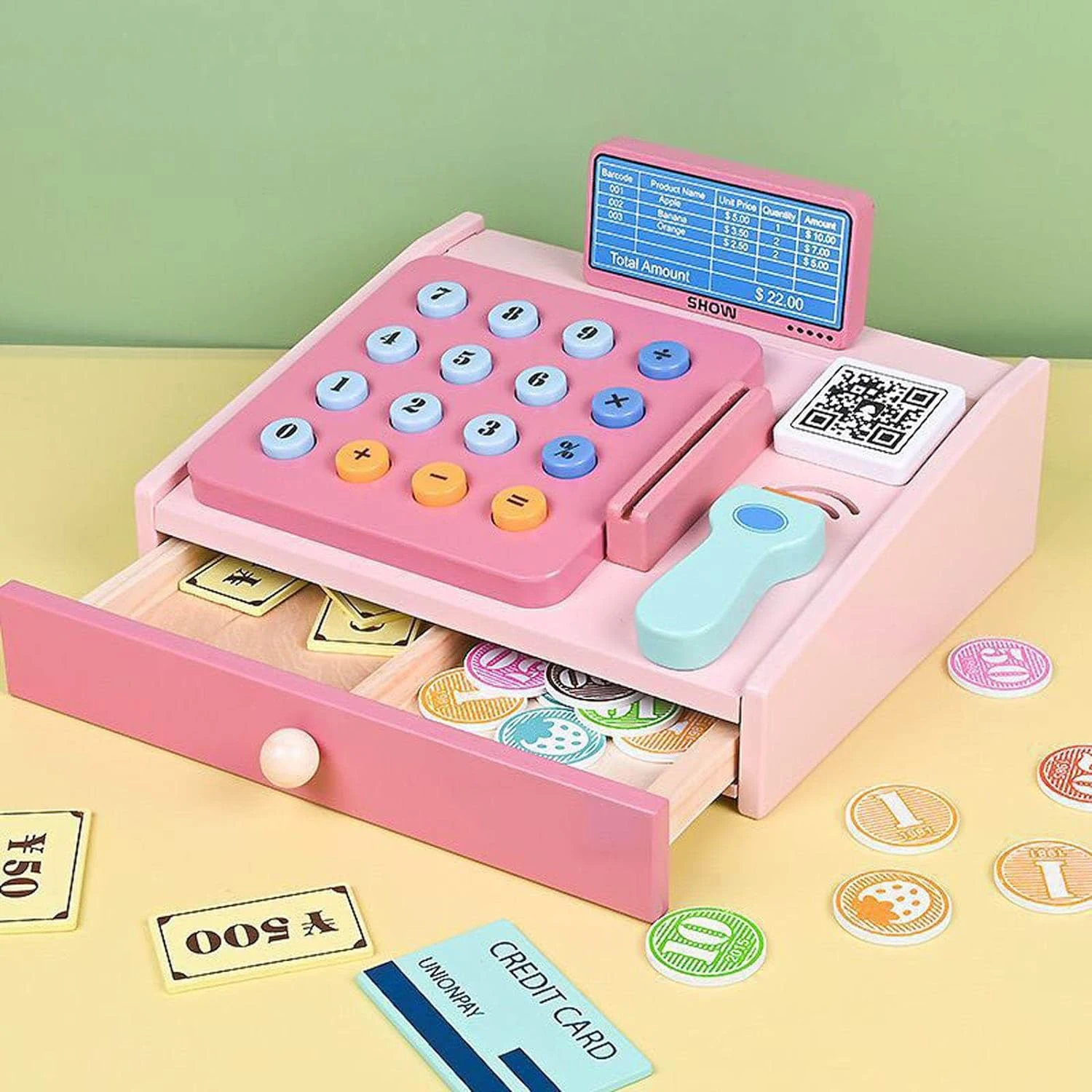 Wooden Cash Register Toy For Kids With Play Money Scanner Bank Card Pretend Game Groceries Toys For Preschool Gifts Ages 3+