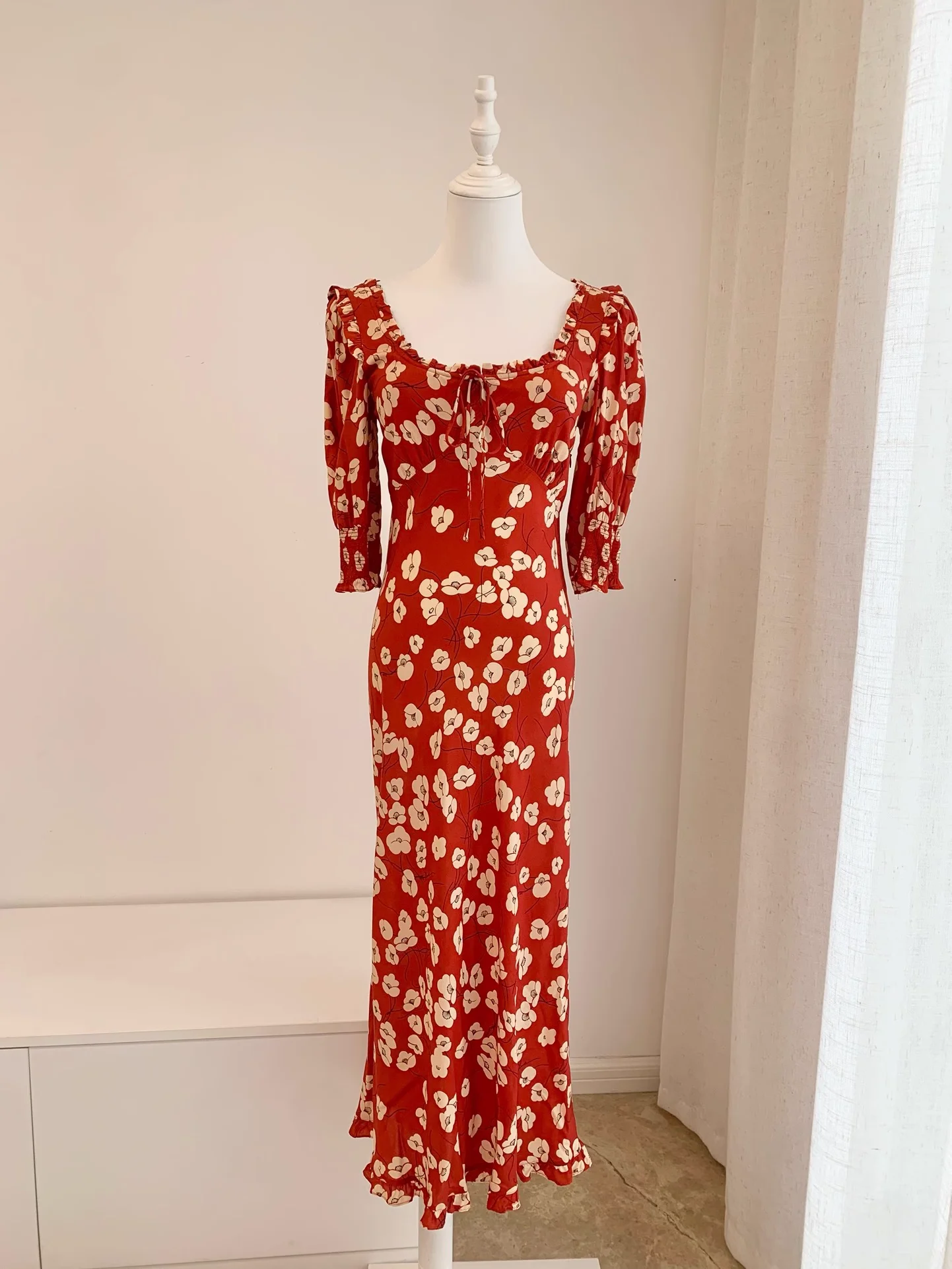

Red Flower Print Women's Long Dress Spring Summer 2025 Square Collar Puff Sleeve Elegant Female Robe