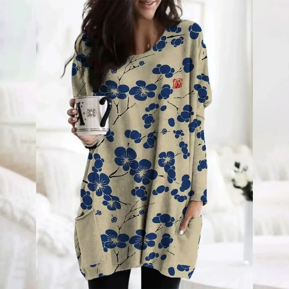 

2024 Tiki new European and American Picasso style round neck casual mid size loose dress women's long sleeved pajamas women's cl