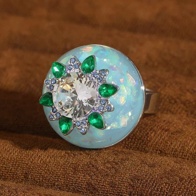 

Vintage White Green Crystal Ring Sunflower Zirconia Jewelry Luxury High Quality Blue Circular Glass Natural Stone Opal 2025 New