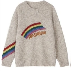 2024 New In Autumn Winter Christmas Rainbow Khaki Pullover Sweater For Women Knitwear Long Sleeves Warm Loose Top Clothes