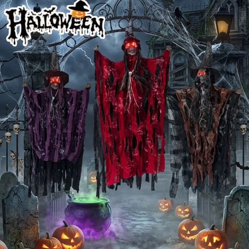 1PC Halloween Haunted House Decor Voice Controlled Electric Skeleton Luminous Hanging Ghost Horror Prop for Party Use