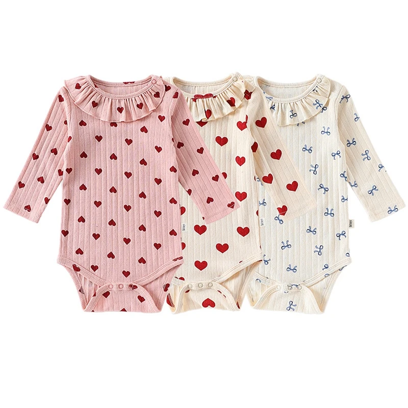 Baby Girls Pure Cotton Bodysuit Newborn Heart Print Long Sleeve Ruffle Neck Onesie Infant One-piece Rompers Toddler Clothing