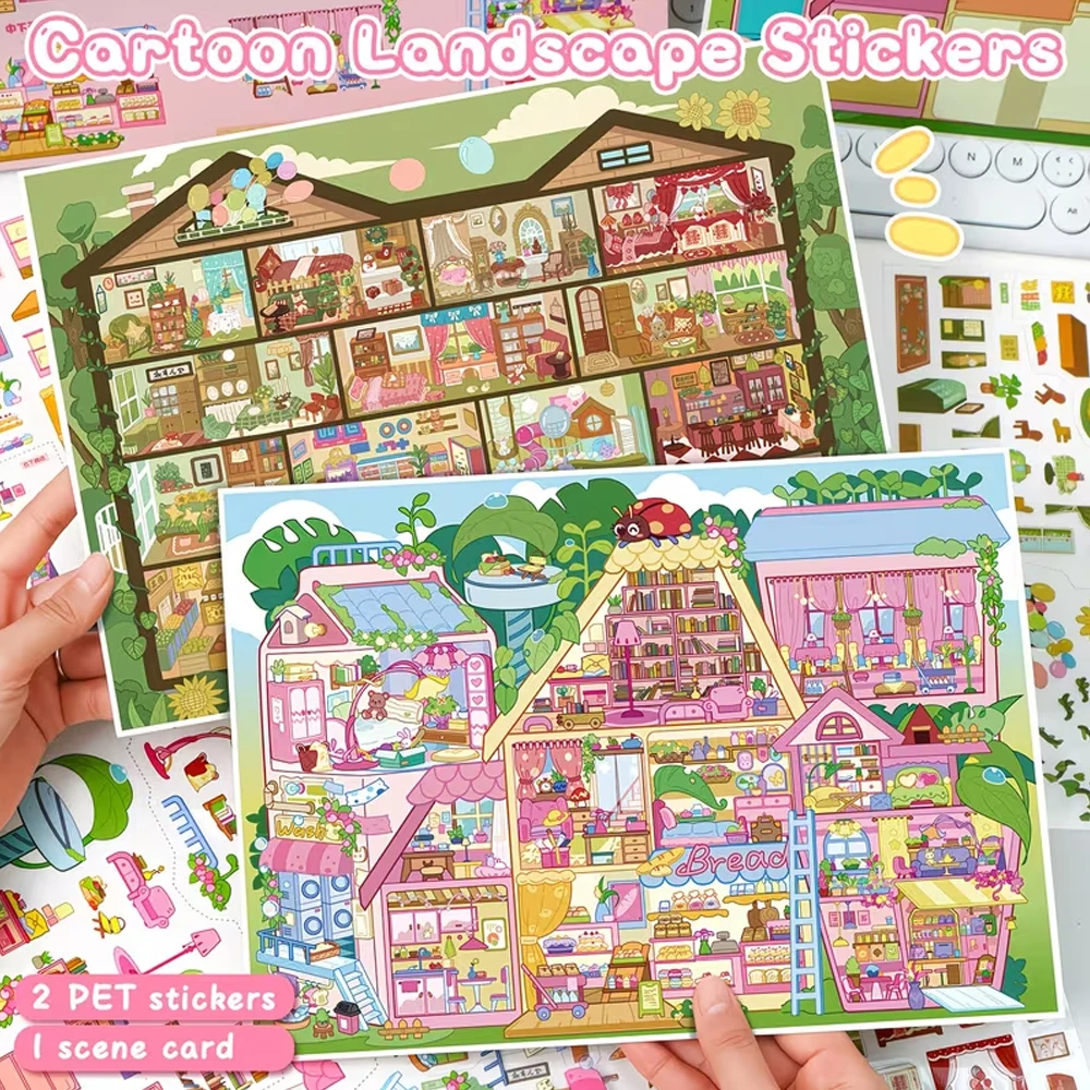 New Large-Sized Colorable Scene Stickers, House Stickers, Cardboard Adhesive Colorable Stickers, 3D Miniature House Scene Stickers, Scrapbook Puzzle Toy Stickers, Landscape Stickers, Handmade Stickers, Hand-Selected Small House Scene Stickers