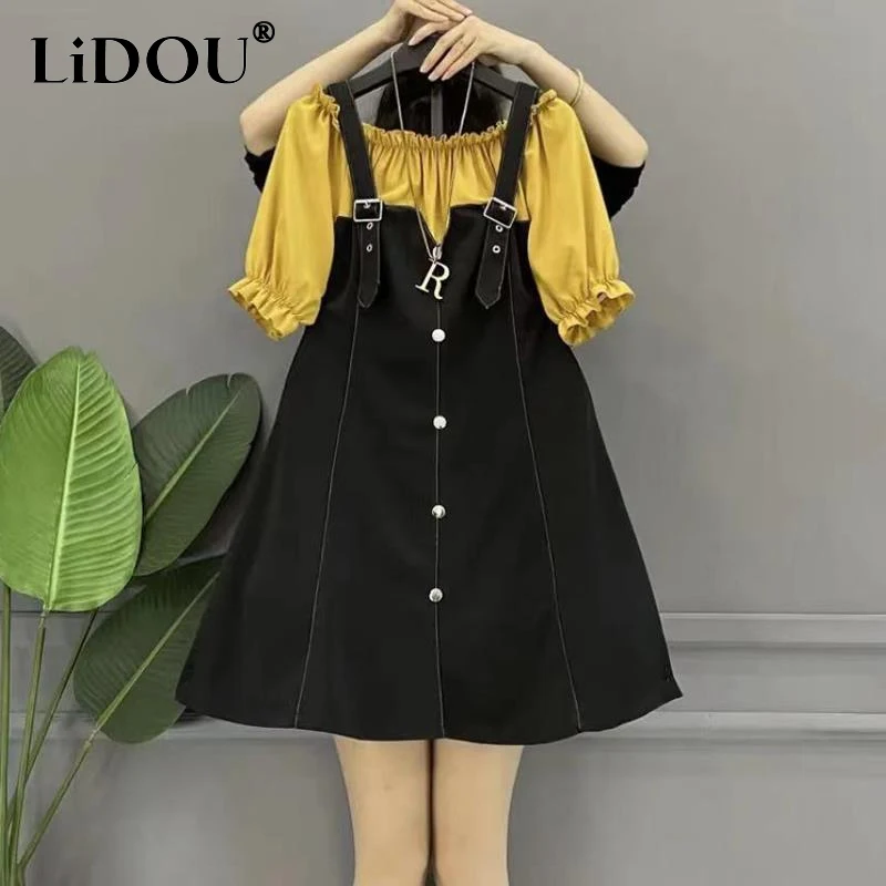 

2023 Summer New Boat Neck Butterfly Sleeve Contrast Color Patchwork Fake Two Pieces Midi Dress Women Fashion Loose A-line Skirt