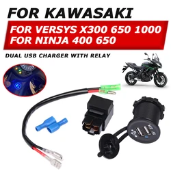 Carregador Rápido Dual USB para Motocicleta, Adaptador de Relé, Tomada, Acessórios para Celular, Kawasaki Versys 650 X300 1000 Ninja 400