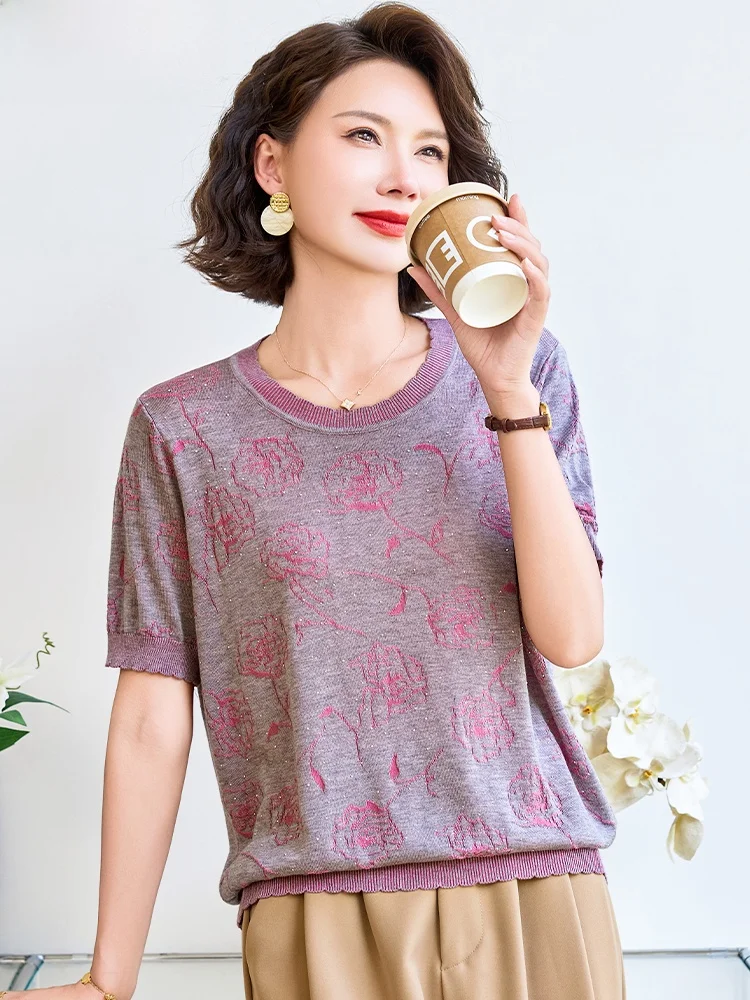 

Летняя женская футболка из ледяного шелка с коротким рукавом, вязаная, свободного кроя, стройнящая, модная, с круглым вырезом, для мам