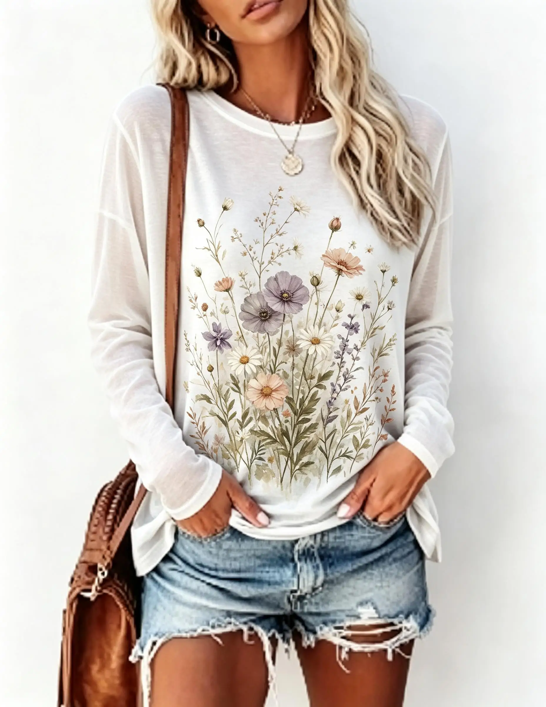 Women Long Sleeve T‑Shirt Vintage Pink Rose Flower Bouquet Floral Print Crew Neck Casual Tops view 3