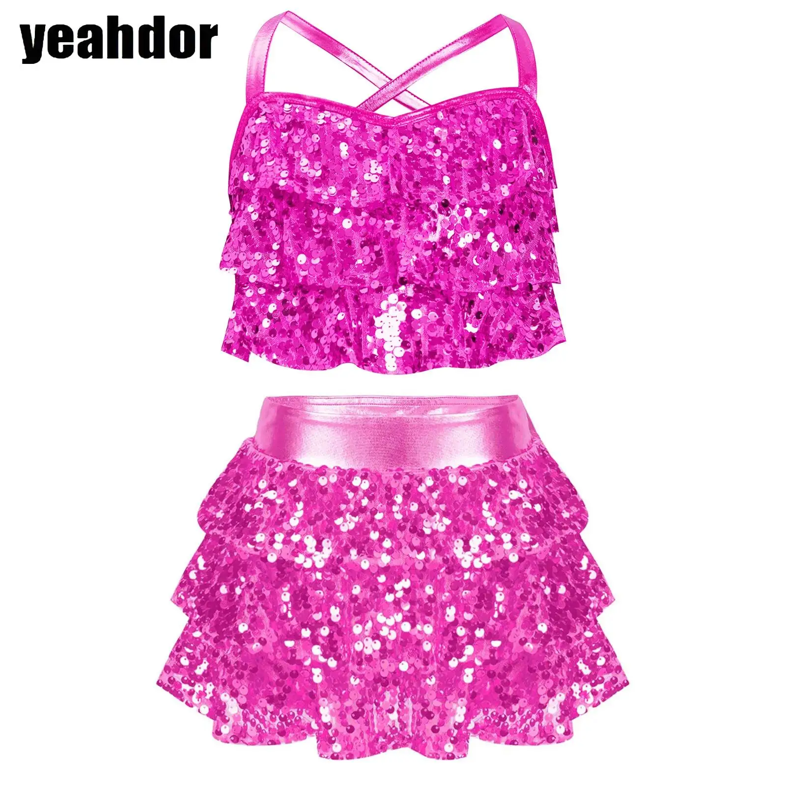 

Girls Jazz Dance Outfit Glitter Sequin Metallic Crop Top with Tiered Culottes Skirted Shorts Cheerleading Performance Costumes