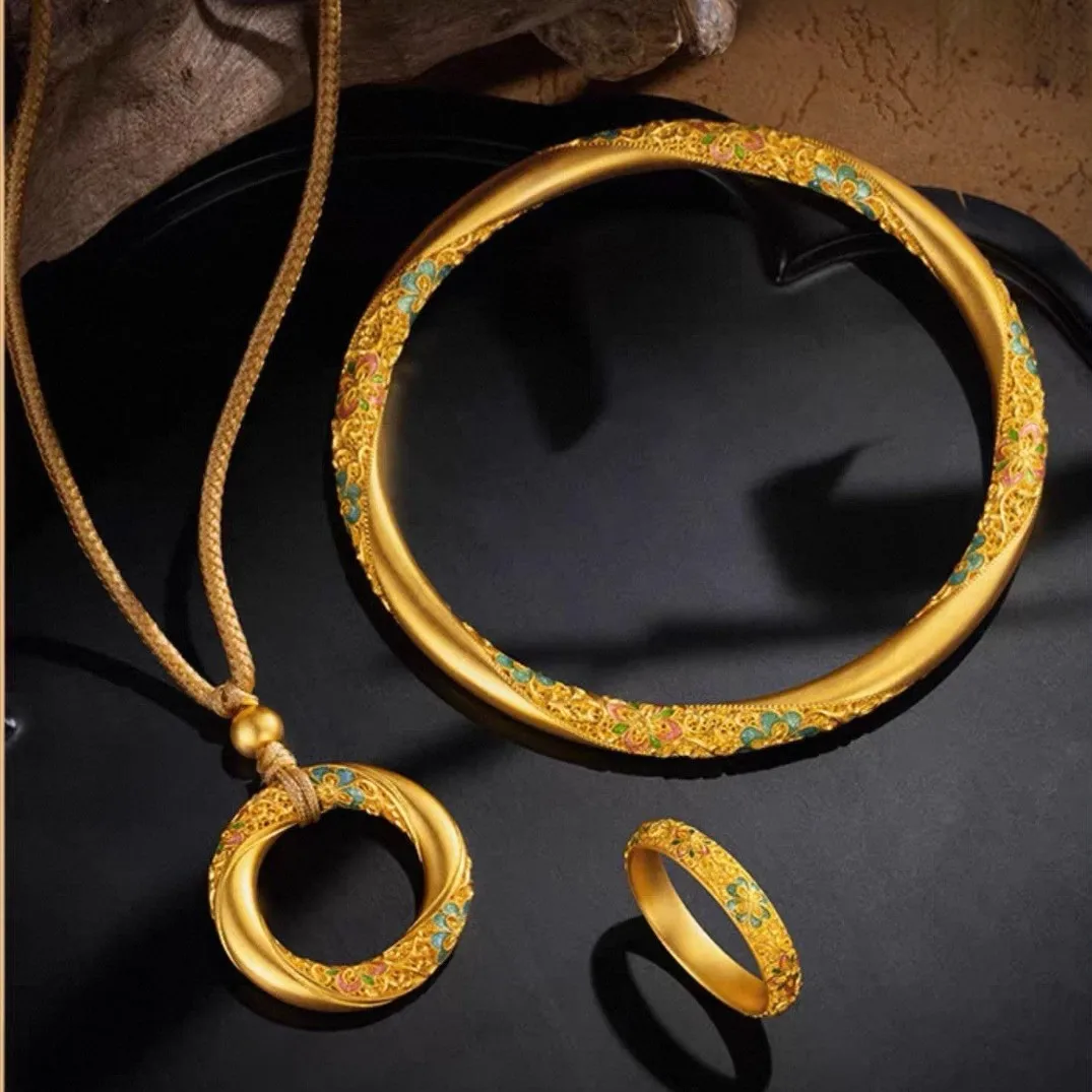 

Женский комплект с подвеской-браслетом из 24-каратного золота с цветочным принтом, AU999 | Лепестковые края с ромбовидными акцентами, гламурное заявление необычных цветов.