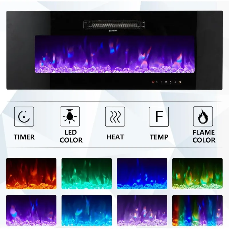 Floating Fireplace TV Stand, Wall Mounted Mirrored Entertainment Center with 40" Electric Fireplace, Modern LED Lights Medi