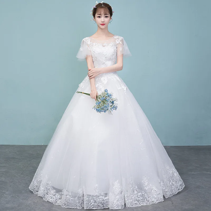 MDYS-588 # Gaun Pengantin Gaya Korea Grosir Gaun Pernikahan Pengantin Renda Bordir Leher-o Gaun Pesta Putih Payet Natal