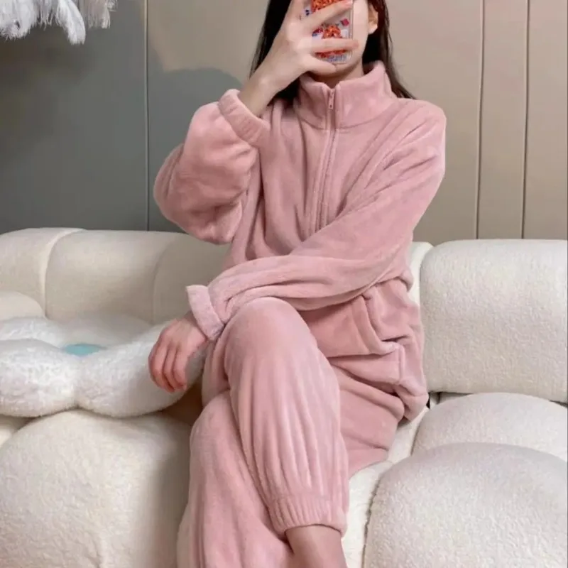Zipper Thick Fleece Pajamas Women Autumn Winter Lady Student Loungewear Set Girls Warm Sweat Shirt Soft Long-sleeve Pants Woman