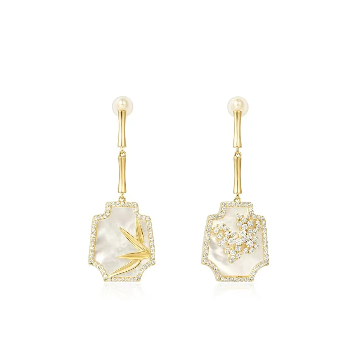 

Neo-Chinese Style 925 Silver White Shell Ear Drop Dangling Byobu Earrings Engraved Bamboo Wintersweet Meihua Retro NicheJewelry