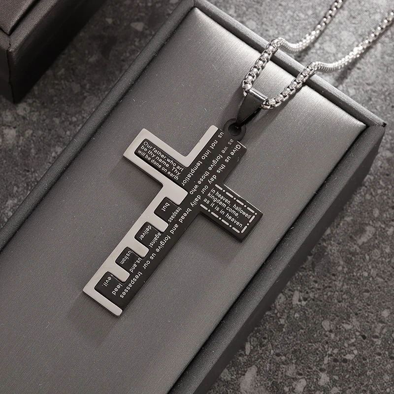 Stainless Steel Classic Christian Bible Cross Pendant Jesus Amulet Necklace for Men Women Catholic Prayer Faith Jewelry Gifts