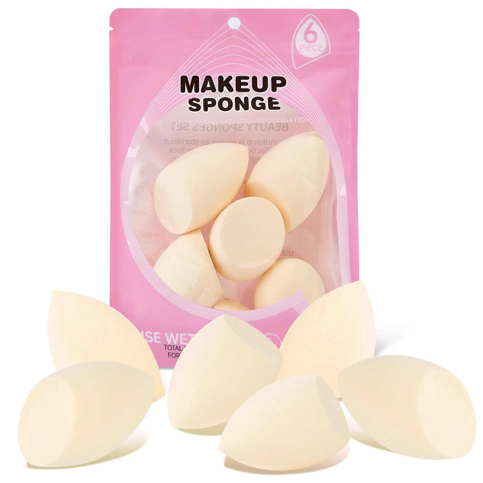 

6 Pcs Beauty Egg Fine Tip Flat Bottom Even Application High Resilience Cosmetic Makeup Egg Sponge Bright Skin Color