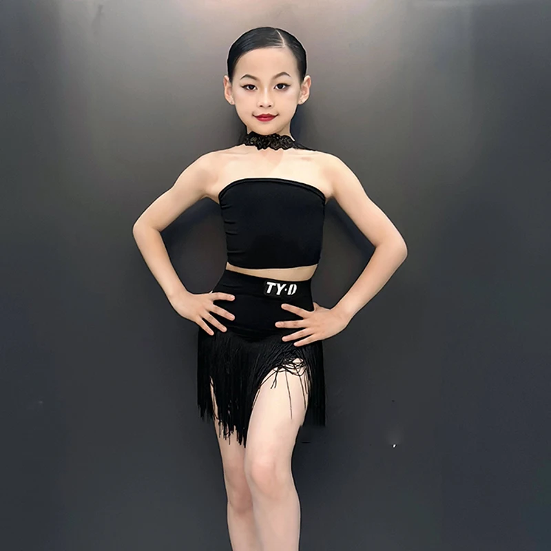 

New Latin Dance Costume Girl's Tango Rumba Salsa Dance Wear Black Dance Tassels Skirt Set Children's Performance Clothes VBH1673