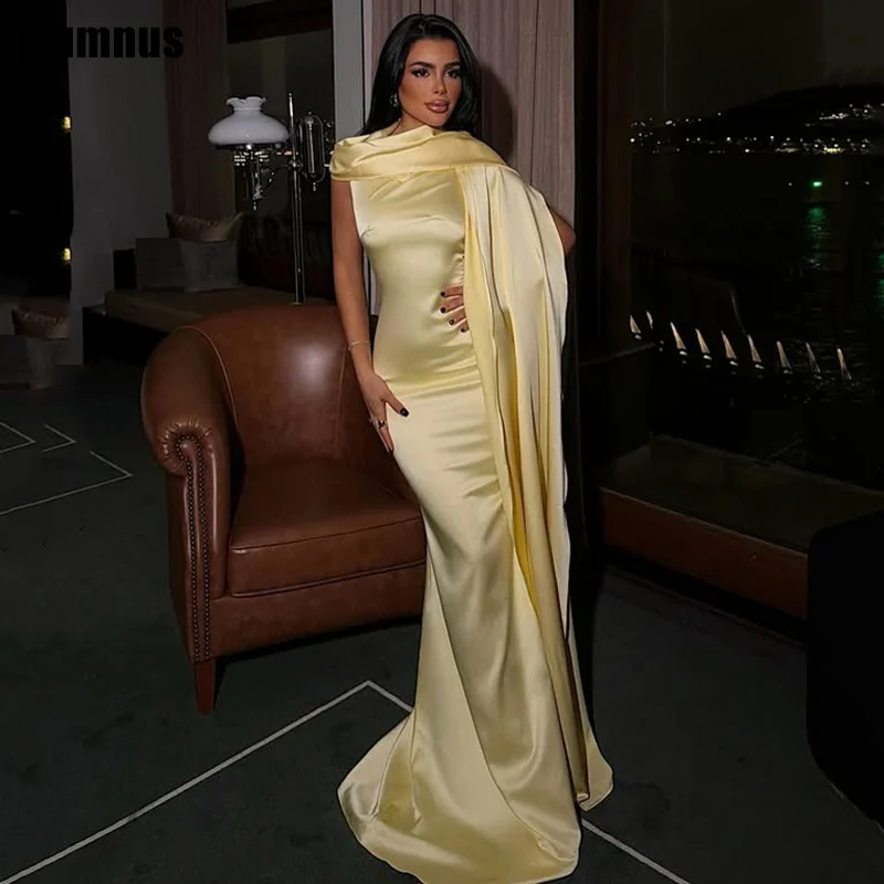 

Sumnus Elegant Mermaid Prom Dresses Yellow Sleeveless Maxi Party Dresses With Scarf Gala فساتين سهرة Customized