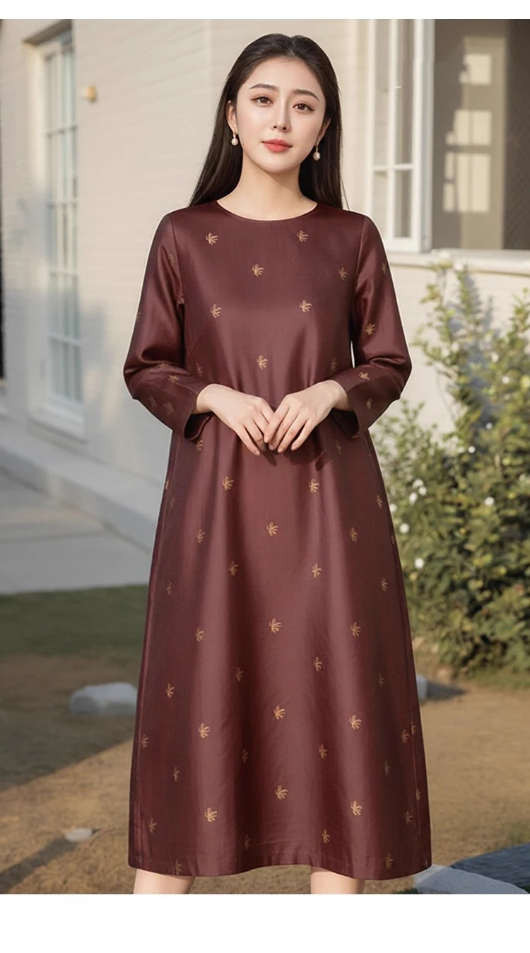 فستان نسائي موضة خريف 2025 جديد 100% من حرير التوت الطبيعي غزل سحابة حمراء رقبة مستديرة وأكمام طويلة فستان مطرز فضفاض #2