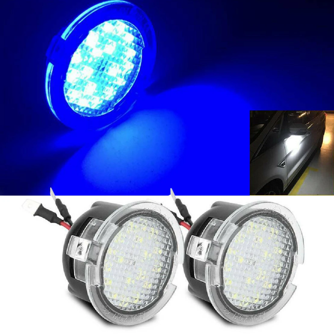 2Pcs/Set Car Blue Full LED Under-Mirror Puddle Lights Fit For Ford F-150 Edge Flex Taurus Toyota Sequoia Tundra Lincoln MKS MKT