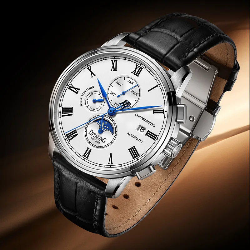 DITALING Men Automatic Watch 40MM Luxury Mechanical Wristwatch Vintage Waterproof Sapphire Triple Windows Multifunctions Dial