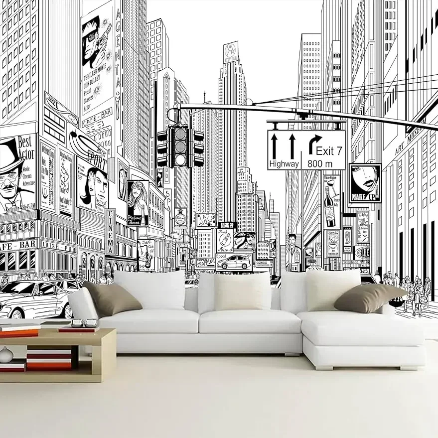 

WFBHUA-Black and White New York City Wallpaper Hand Painted Times Square Wall Mural Decoration