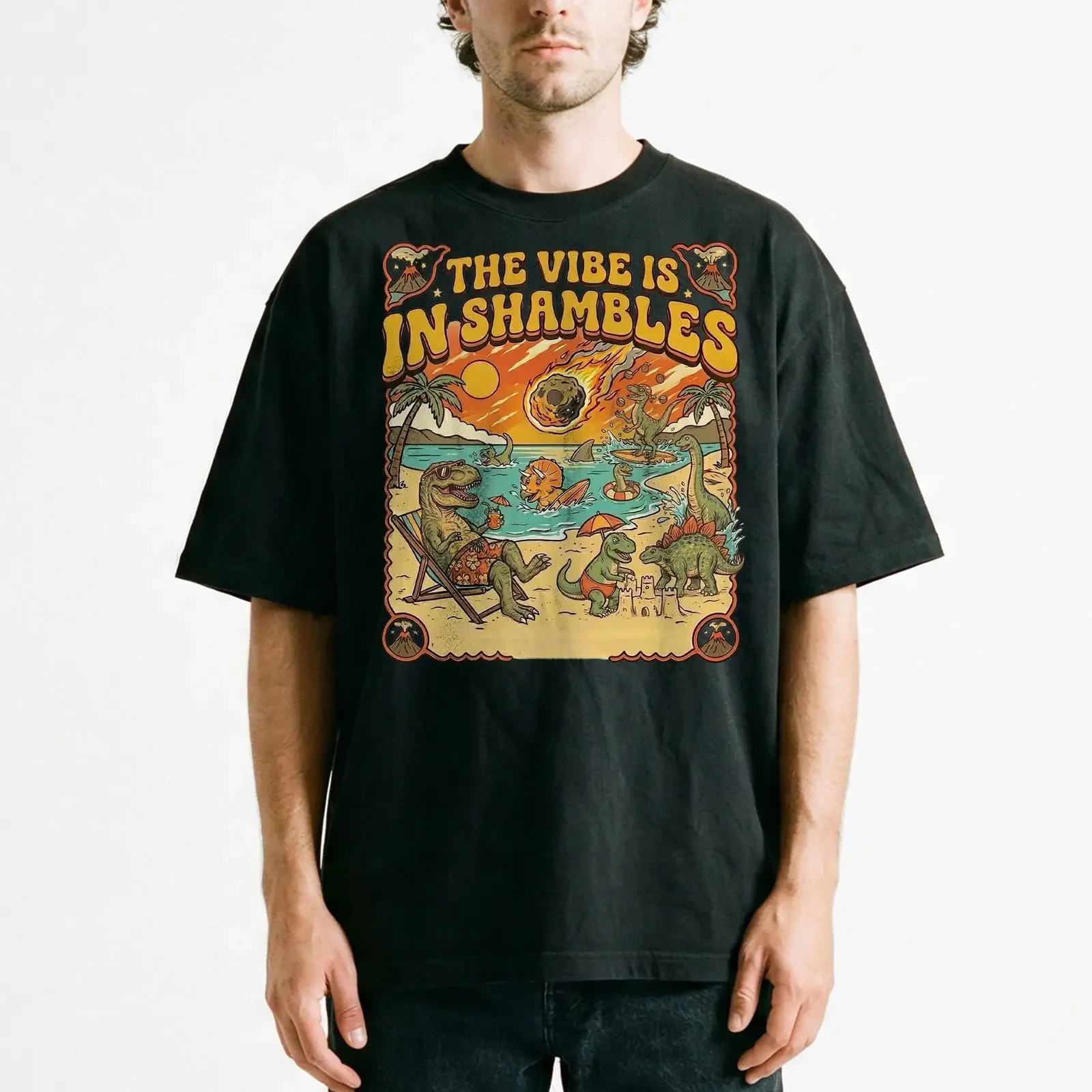 Vintage Dinosaur Beach Vacation T Shirt Funny Meteor Apocalypse Vibe Retro vintage Washed Slightly designer clothes streetwear