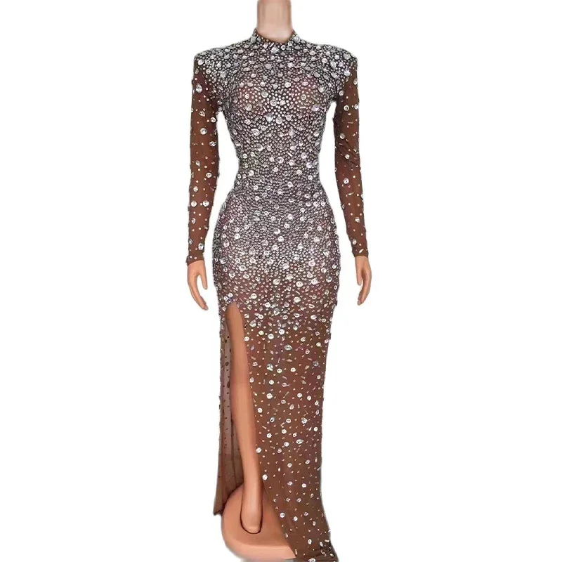 

Luxury Birthday Dress Rhinestones Transparent Evening Long Dress Birthday Celebrate Crystals Costume Dancer Prom Club outfit