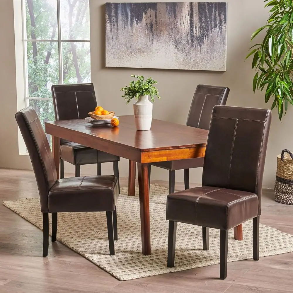 4-Piece Set of T-Stitch Leather Dining Chairs in Chocolate Brown
