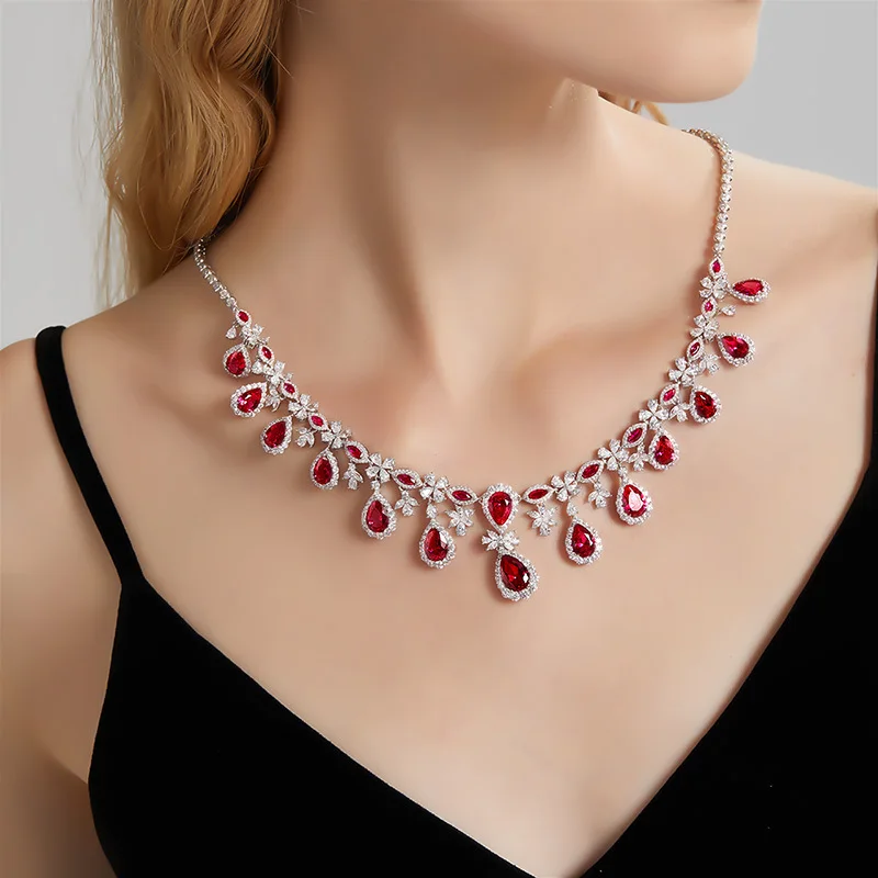 High Quality Gorgeous Sparkling Red Cubic Zircon Waterdrop Necklaces for Ladies Vintage Elegant Banquet Proposal Wedding Jewelry
