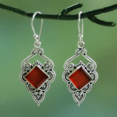 New ruby square diamond zircon earrings, European beautiful women retro Thai silver earrings