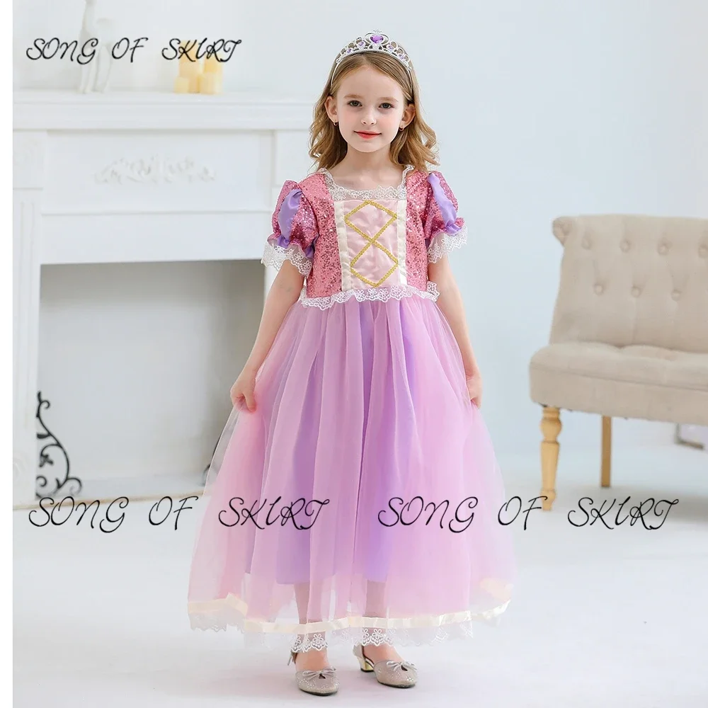 Customized Purple Comunion Niña Puff Sleeve Sequined Flower Girls Dresses Square Neck Lace A-line Daughter Birthday Tea-length G