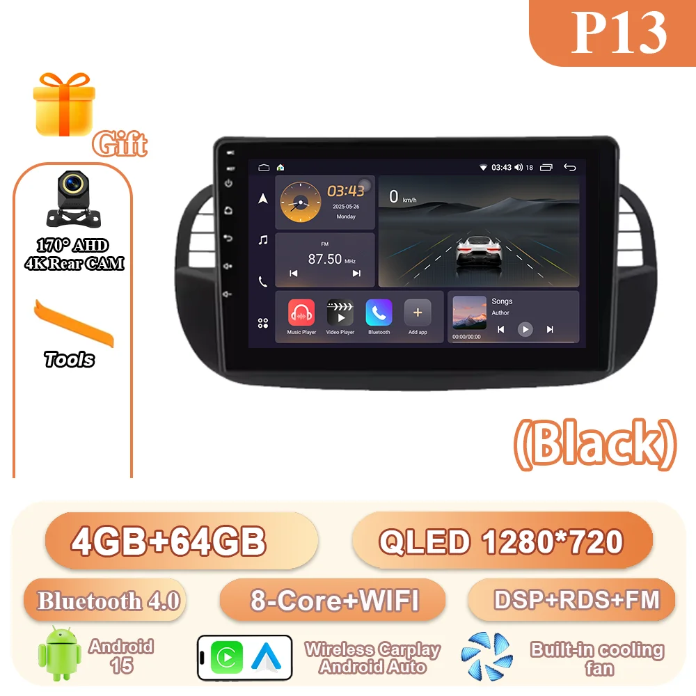 9 ''Android 15 Autoradio Stereo Voor Fiat 500 2007-2015 Auto GPS Navigatie Stuurbediening Multimedia Carplay 4G + WIFI