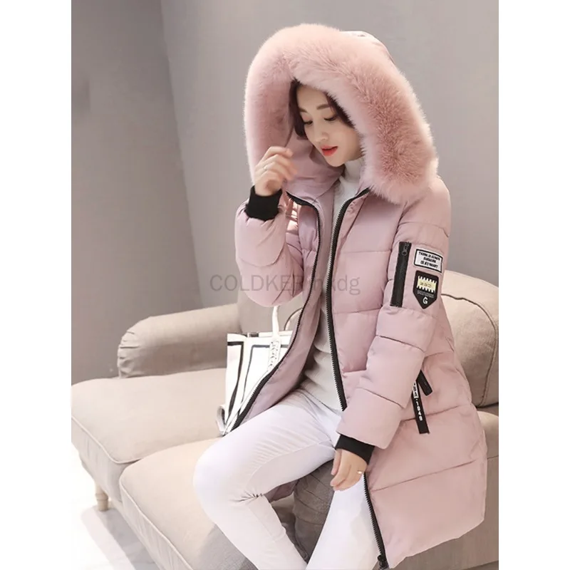 2025 Winter Warm Fur Collar Hooded Women Parka Fashion Comfortable Zipper Long Jacket Elegant Slim Thick Female Coats