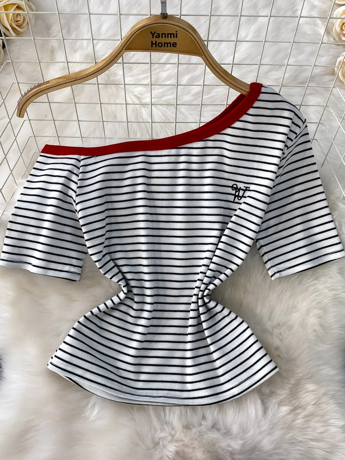 Sexy Oulder Bared Stripe Ort Sve T Irt Plus Schlankheits-Jeans-Set mit weitem Bein und hoher Taille Pure Desire Sle Summer Faion