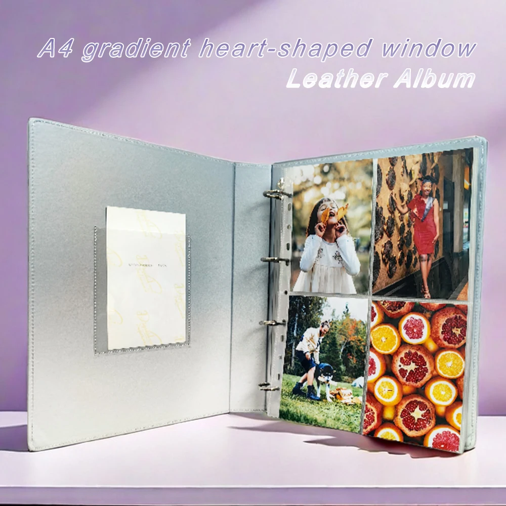 

A4 Gradient Color Heart Window 4-Ring D-Shaped Metal Binder Scrapbook, Expandable 100 PP Pages for Photos/Cards/Coins/Documents