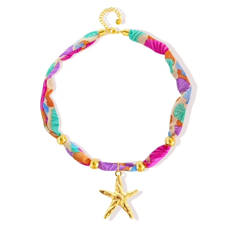 Waterproof Choker Necklace for Women Mom Girlsfriend, Stainless Steel Conch Starfish Charm Scarf Colorful Ribbon Pendant Jewelry