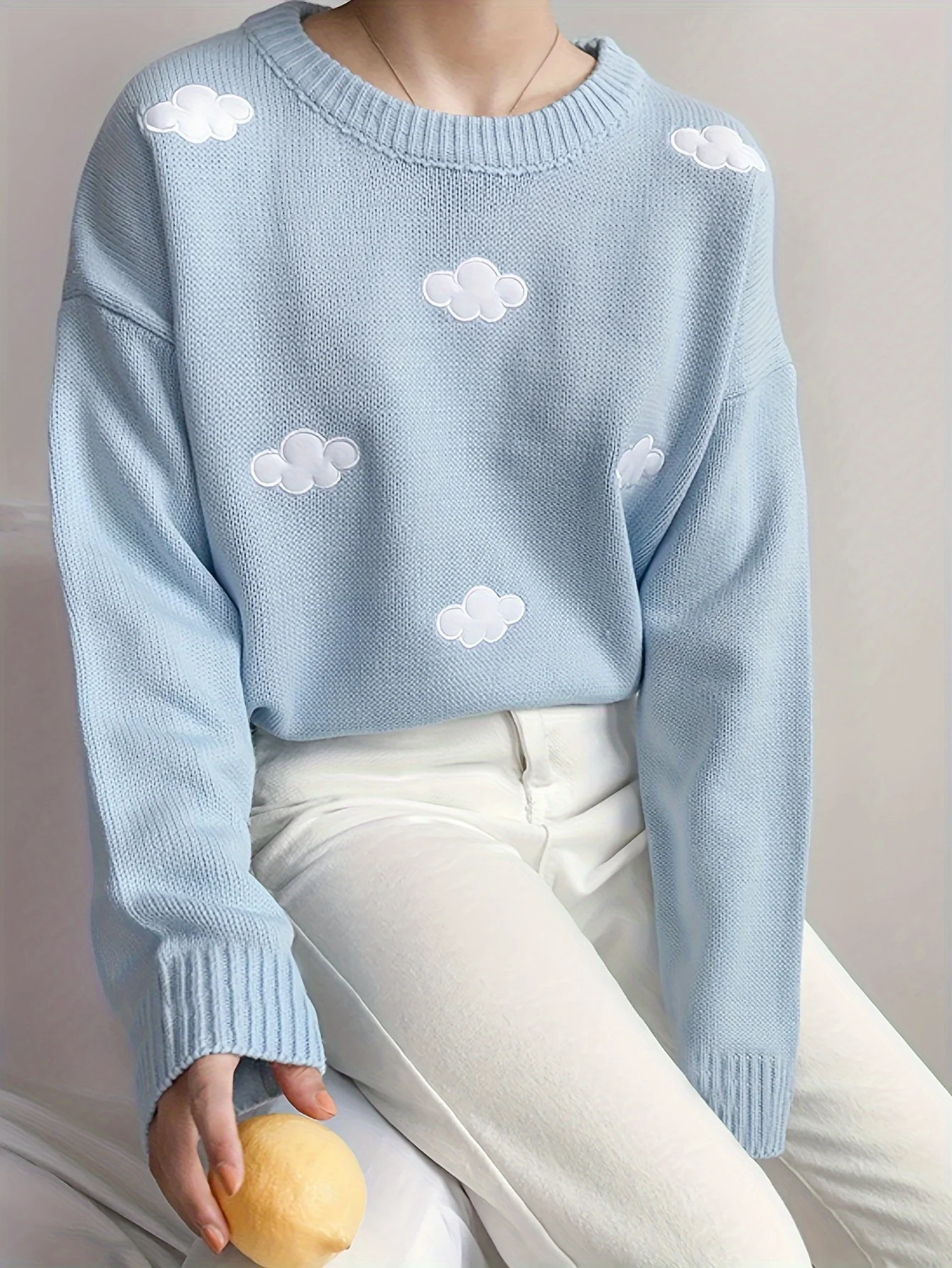 Women\'s Cute Cloud Embroidered Pullover Knit Sweater Winter Kawaii Preppy Style Crew Neck Knit Sweaters for Female