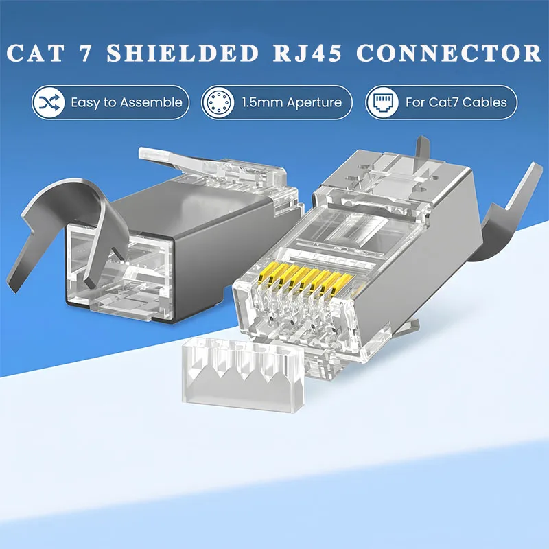 10 Pcs Cat7 Shielded RJ45 Connector 10Gbps, Gold-Plated Pins, Metal Housing, 1.5mm Hole, 2-Piece Pass-Through, for Cat7 Cable